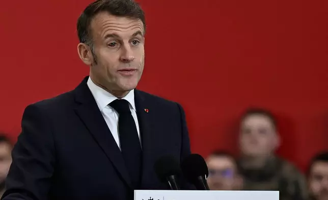 French President Emmanuel Macron delivers a speech as he visits the Istres military air force base, southern France, Thursday, Jan. 15, 2026. (AP Photo/Philippe Magoni, Pool)