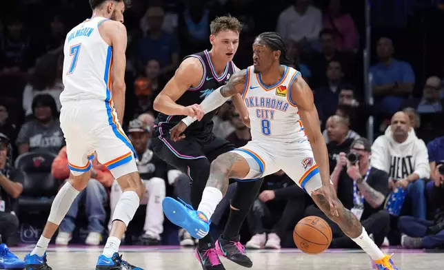 Oklahoma City Thunder guard Jalen Williams (8) holds off Miami Heat guard Pelle Larsson as he looks for an opening during the first half of an NBA basketball game, Saturday, Jan. 17, 2026, in Miami. (AP Photo/Rebecca Blackwell)