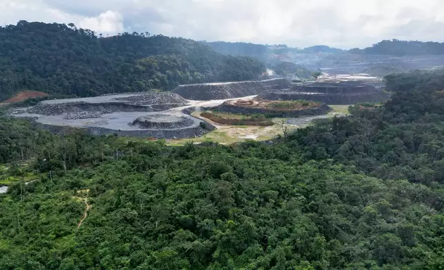 An aerial view shows the Bea Mountain's N'dablama mine site in Gold Camp, Liberia, July 8, 2025. (AP Photo/Misper Apawu)