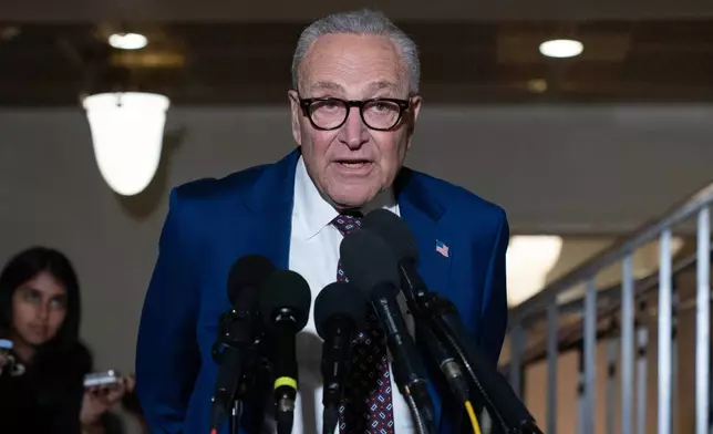 Senate Minority Leader Chuck Schumer, D-N.Y., speaks to reporters after a closed-door briefing on Capitol Hill, Monday, Jan. 5, 2026, in Washington, after the U.S. captured Venezuelan President Nicolás Maduro and his wife in a military operation. (AP Photo/Jose Luis Magana)
