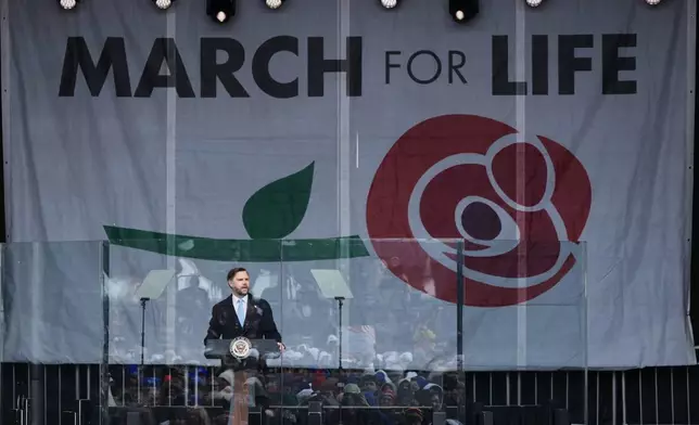 Vice President JD Vance speaks at a rally ahead of the March for Life in Washington, Friday, Jan. 23, 2026. (AP Photo/Stephanie Scarbrough)