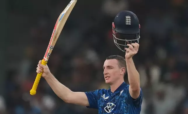 England's captain Harry Brook celebrates his century during the third ODI cricket match between England and Sri Lanka in Colombo, Sri Lanka, Tuesday, Jan. 27, 2026. (AP Photo/Eranga Jayawardena)