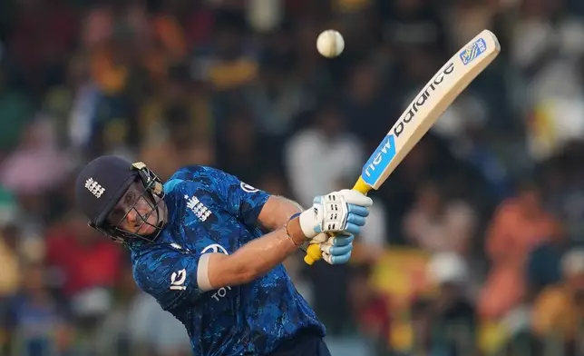 England's Joe Root plays a shot during the third ODI cricket match between England and Sri Lanka in Colombo, Sri Lanka, Tuesday, Jan. 27, 2026. (AP Photo/Eranga Jayawardena)