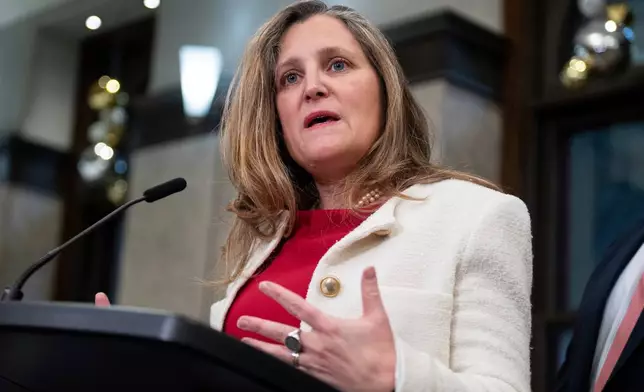 FILE - Minister of Finance and Deputy Prime Minister Chrystia Freeland delivers remarks on Parliament Hill in Ottawa, Ontario, Wednesday, Dec. 11, 2024. (Spencer Colby/The Canadian Press via AP, File)
