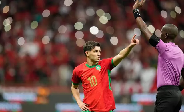 Morocco's Brahim Abdelkader Diaz gestures during the Africa Cup of Nations round of 16 soccer match between Morocco and Tanzania in Rabat, Morocco, Sunday, Jan. 4, 2026. (AP Photo/Mosa'ab Elshamy)
