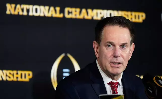 Indiana head coach Curt Cignetti speaks during news conference ahead of the College Football Playoff national championship game between Miami and Indiana, Sunday, Jan. 18, 2026, in Miami. The game will be played on Monday. (AP Photo/Chris Carlson)