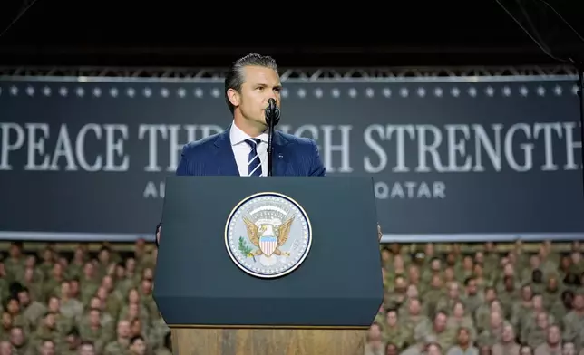 FILE - U.S. Secretary of Defense Pete Hegseth speaks at the Al Udeid Air Base, May 15, 2025, in Doha, Qatar. (AP Photo/Alex Brandon, File)