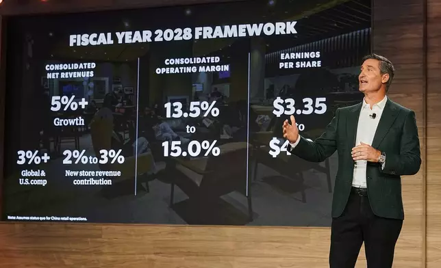 Starbucks Chairman and CEO Brian Niccol speaks during the Starbucks Investor Day event, in New York, Thursday, Jan. 29, 2026. (AP Photo/Richard Drew)