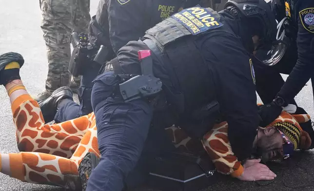 Rob Potylo, aka Robby Roadsteamer, wearing a giraffe costume he calls the "Jeffrey Epstein Giraffe", is arrested by police from the homeland security rapid protection force, during a protest outside of the Bishop Whipple Federal Building, Monday, Jan. 12, 2026, in Minneapolis. (AP Photo/Jen Golbeck)