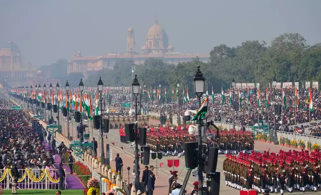 Indian military soldiers march during the Republic Day parade celebrations in New Delhi, India, Monday, Jan. 26, 2026. (AP Photo/Manish Swarup)