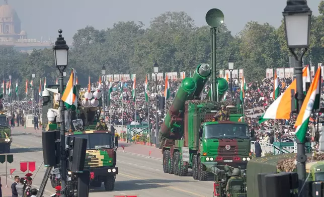 Indian Army soldiers display Unified rocket launcher systems and Brahmos missiles during the Republic Day parade celebrations in New Delhi, India, Monday, Jan. 26, 2026. (AP Photo/Manish Swarup)