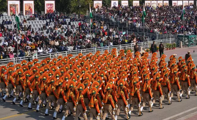Indian para-military force soldiers march during the Republic Day parade celebrations in New Delhi, India, Monday, Jan. 26, 2026. (AP Photo/Manish Swarup)