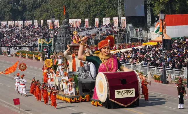 A tableaux depicting the Indian state of Maharashtra drives past during the Republic Day parade celebrations in New Delhi, India, Monday, Jan. 26, 2026. (AP Photo/Manish Swarup)