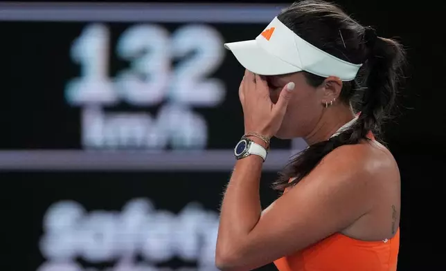 Jessica Pegula of the U.S. reacts during her semifinal match against Elena Rybakina of Kazakhstan at the Australian Open tennis championship in Melbourne, Australia, Thursday, Jan. 29, 2026. (AP Photo/Dita Alangkara)
