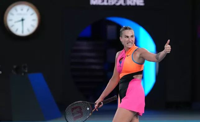 Aryna Sabalenka of Belarus reacts during her semifinal match against Elina Svitolina of Ukraine during their semifinal match at the Australian Open tennis championship in Melbourne, Australia, Thursday, Jan. 29, 2026. (AP Photo/Dita Alangkara)