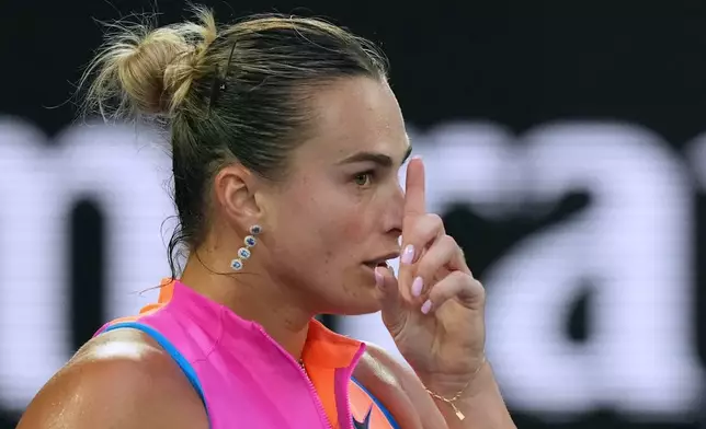 Aryna Sabalenka of Belarus reacts during her semifinal match against Elina Svitolina of Ukraine during their semifinal match at the Australian Open tennis championship in Melbourne, Australia, Thursday, Jan. 29, 2026. (AP Photo/Dar Yasin)