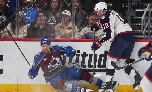 Columbus Blue Jackets left wing Dmitri Voronkov, right, checks Colorado Avalanche defenseman Ilya Solovyov in the first period of an NHL hockey game, Saturday, Jan. 10, 2026, in Denver. (AP Photo/David Zalubowski)