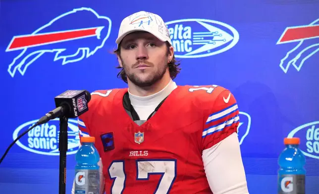 Buffalo Bills' Josh Allen pauses during a news conference after an NFL football game against the Philadelphia Eagles, Sunday, Dec. 28, 2025, in Buffalo, N.Y. (AP Photo/Gene J. Puskar)