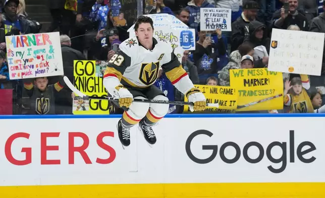 Vegas Golden Knights forward Mitch Marner warms up before playing against his former team, the Toronto Maple Leafs, in NHL hockey game action in Toronto, Friday, Jan. 23, 2026. (Nathan Denette/The Canadian Press via AP)