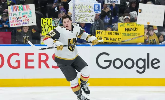 Vegas Golden Knights forward Mitch Marner warms up before playing against his former team, the Toronto Maple Leafs, in NHL hockey game action in Toronto, Friday, Jan. 23, 2026. (Nathan Denette/The Canadian Press via AP)