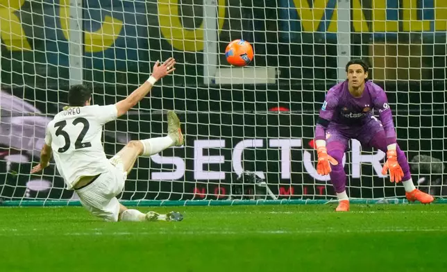 Pisa's Stefano Moreo shoots on goal during a Serie A soccer match between Inter Milan and Pisa, in Milan, Italy, Friday, Jan. 23, 2026. (AP Photo/Luca Bruno)