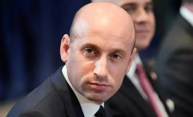 FILE - United States Homeland Security Advisor Stephen Miller reacts on the sidelines of the ASEAN Summit in Kuala Lumpur, Malaysia, Sunday, Oct. 26, 2025. (AP Photo/Mark Schiefelbein), File)