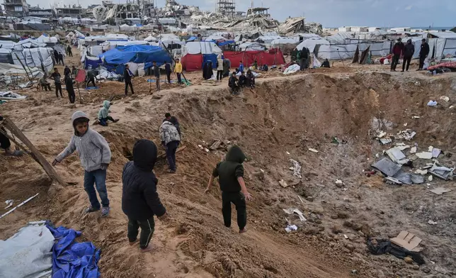 Palestinians inspect the damage at a displacement camp following an Israeli strike in Gaza City, Friday, Jan. 9, 2026. (AP Photo/Jehad Alshrafi)