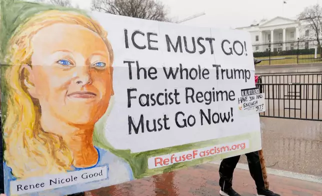 Demonstrators protest outside the White House in Washington, Saturday, Jan. 10, 2026, against the Immigration and Customs Enforcement agent who fatally shot Renee Good in Minneapolis. (AP Photo/Jose Luis Magana)
