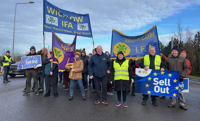 People protest against the EU-Mercosur trade deal in Athlone, Ireland, Saturday Jan. 10, 2026. (Cillian Sherlock/PA via AP)