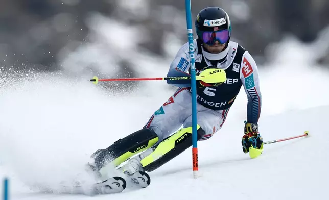 Norway's Atle Lie McGrath competes in an alpine ski, men's World Cup slalom, in Wengen, Switzerland, Sunday, Jan. 18, 2026. (AP Photo/Gabriele Facciott)