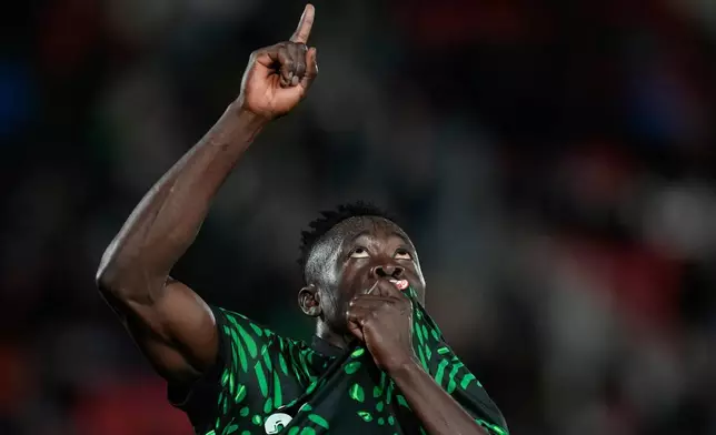 Nigeria's Akor Adams celebrates after scoring his side's fourth goal during the Africa Cup of Nations round of 16 soccer match between Nigeria and Mozambique in Fez, Morocco, Monday, Jan. 5, 2026. (AP Photo/Themba Hadebe)