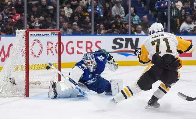 Pittsburgh Penguins' Evgeni Malkin (71) scores against Vancouver Canucks goalie Kevin Lankinen, left, during second-period NHL hockey game action in Vancouver, British Columbia, Sunday, Jan. 25, 2026. (Darryl Dyck/The Canadian Press via AP)