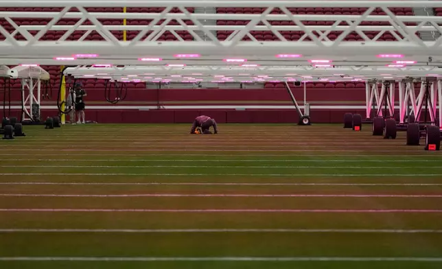 A worker kneels under grow lights on the field at Levi's Stadium as it is prepared for the NFL's Super Bowl LX football game in Santa Clara, Calif., Tuesday, Jan. 20, 2026. (AP Photo/Jeff Chiu)