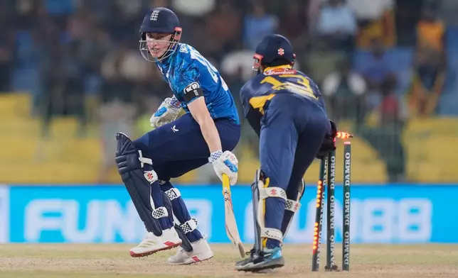 Sri Lanka's Kusal Mendis successfully stumps to dismiss England's captain Harry Brook during the first ODI cricket match between England and Sri Lanka in Colombo, Sri Lanka, Thursday, Jan. 22, 2026. (AP Photo/Eranga Jayawardena)