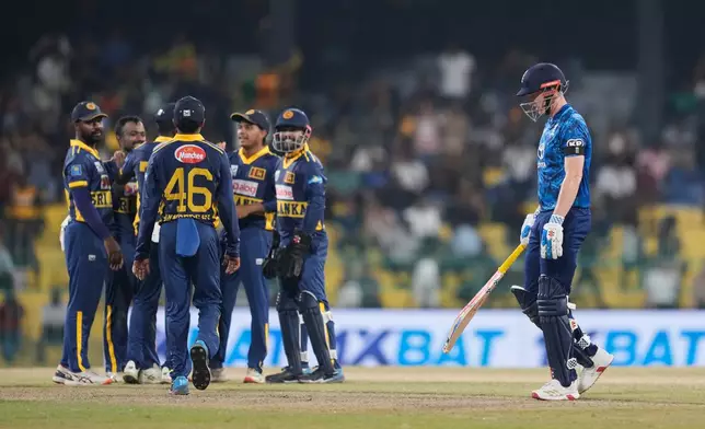 England's captain Harry Brook leaves the ground after losing his wicket during the first ODI cricket match between England and Sri Lanka in Colombo, Sri Lanka, Thursday, Jan. 22, 2026. (AP Photo/Eranga Jayawardena)