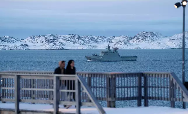 Military vessel HDMS Ejnar Mikkelsen of the Royal Danish Navy patrols near Nuuk, Greenland, on Thursday, Jan. 15, 2026. (AP Photo/Evgeniy Maloletka)