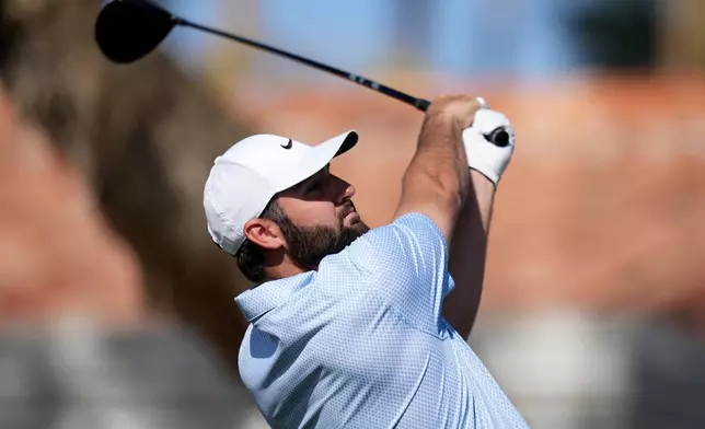 Scottie Scheffler hits his tee shot at the fifth hole during the final round of the American Express golf event on the Pete Dye Stadium Course at PGA West Sunday, Jan. 25, 2026, in La Quinta, Calif. (AP Photo/Ross D. Franklin)
