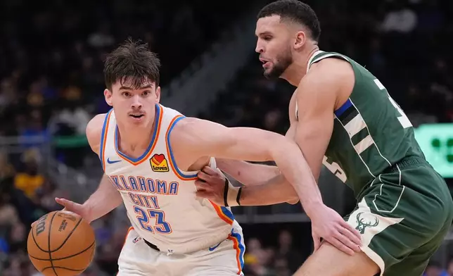 Oklahoma City Thunder's Brooks Barnhizer tries to get past Milwaukee Bucks' Pete Nance during the first half of an NBA basketball game Wednesday, Jan. 21, 2026, in Milwaukee. (AP Photo/Morry Gash)