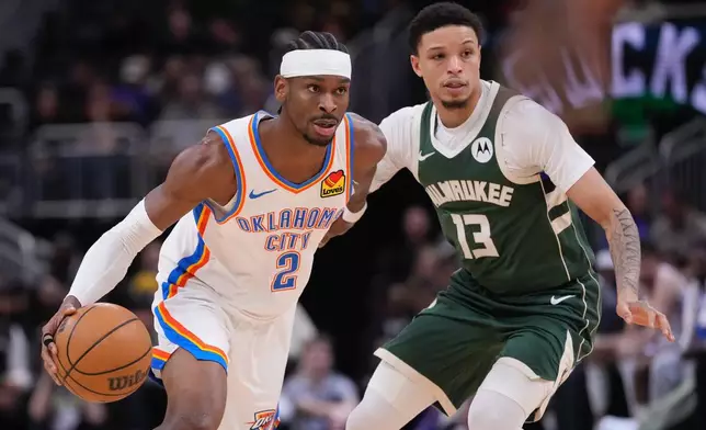 Oklahoma City Thunder's Shai Gilgeous-Alexander tries to get past Milwaukee Bucks' Ryan Rollins during the first half of an NBA basketball game Wednesday, Jan. 21, 2026, in Milwaukee. (AP Photo/Morry Gash)