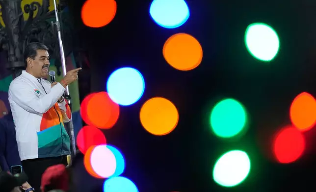 FILE - President Nicolas Maduro speaks to pro-government supporters after a referendum regarding Venezuela's claim to Essequibo, a region administered and controlled by Guyana, in Caracas, Venezuela, Dec. 3, 2023. (AP Photo/Matias Delacroix, File)