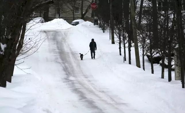 A person walks their dog in the snow after a storm in Portsmouth, N.H., Monday, Jan. 26, 2026. (AP Photo/Caleb Jones)