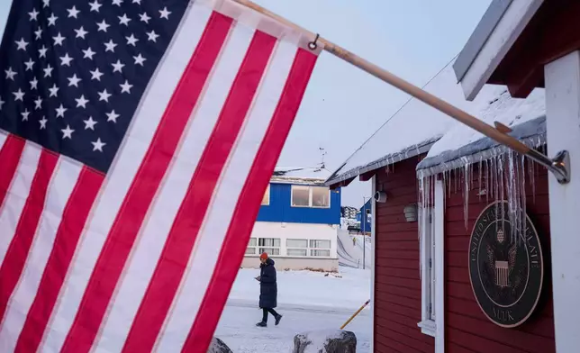 An American flag is displayed on the facade of the US consulate in Nuuk, Greenland, Wednesday, Jan. 14, 2026. (AP Photo/Evgeniy Maloletka)