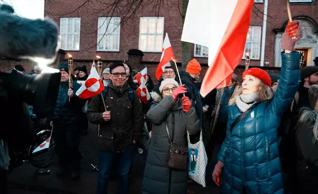 The demonstration under the slogan Greenland belongs to the Greenlanders is held in front of the American embassy in Copenhagen, Denmark, Wednesday, Jan. 14, 2026. (Thomas Traasdahl/Ritzau Scanpix via AP)