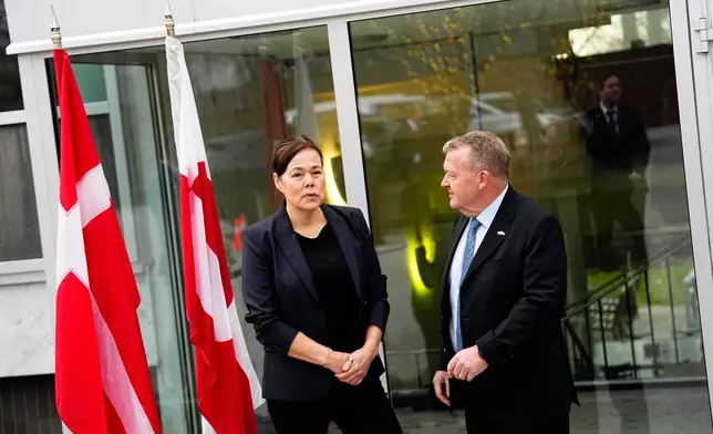 Denmark's Foreign Minister, Lars Loekke Rasmussen, right, and Greenland's Minister for Foreign Affairs Vivian Motzfeldt, left, prepare at the danish embassy for the meeting with the American Vice President, J.D. Vance, and Foreign Minister Marco Rubio in Washington D.C., Wednesday, Jan. 14, 2026. (Mads Claus Rasmussen/Ritzau Scanpix via AP)