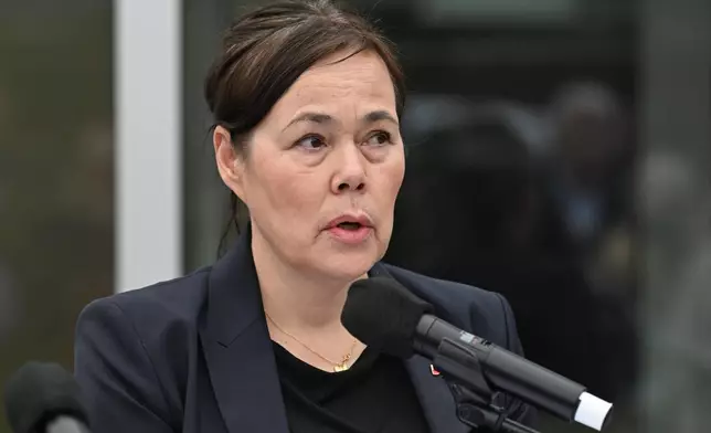 Greenland's Foreign Minister Vivian Motzfeldt speaks at a news conference at the Embassy of Denmark, Wednesday, Jan. 14, 2026, in Washington. (AP Photo/John McDonnell)