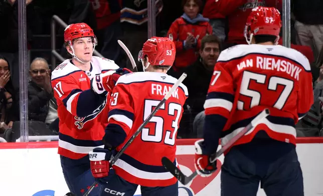 Washington Capitals center Dylan Strome (17) celebrates his goal with center Ethen Frank (53) and defenseman Trevor van Riemsdyk (57) during the first period of an NHL hockey game against the Chicago Blackhawks, Saturday, Jan. 3, 2026, in Washington. (AP Photo/Nick Wass)