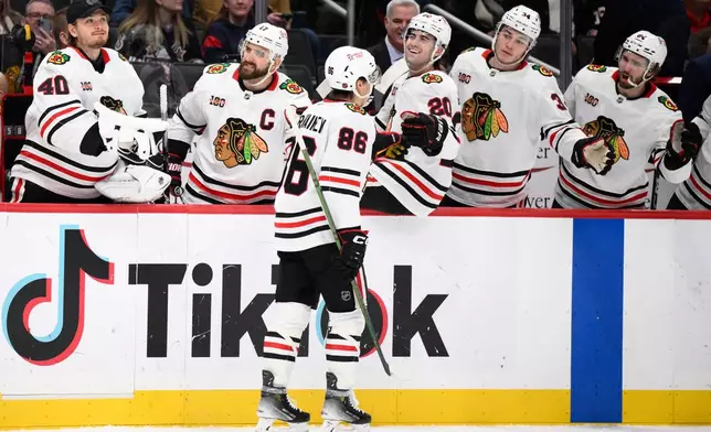 Chicago Blackhawks center Teuvo Teravainen (86) celebrates after his goal during the second period of an NHL hockey game against the Washington Capitals, Saturday, Jan. 3, 2026, in Washington. (AP Photo/Nick Wass)