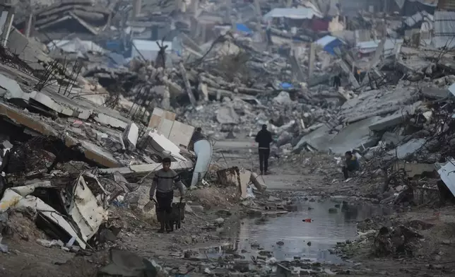 Palestinians walk amid buildings destroyed by Israeli air and ground operations in Gaza City, Tuesday, Jan. 6, 2026. (AP Photo/Jehad Alshrafi)