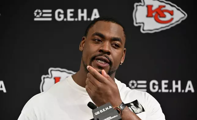 Kansas City Chiefs defensive tackle Chris Jones speaks during a news conference following an NFL football game against the Las Vegas Raiders Sunday, Jan. 4, 2026, in Las Vegas. (AP Photo/David Becker)