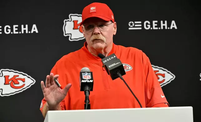 Kansas City Chiefs head coach Andy Reid speaks during a news conference following an NFL football game against the Las Vegas Raiders Sunday, Jan. 4, 2026, in Las Vegas. (AP Photo/David Becker)